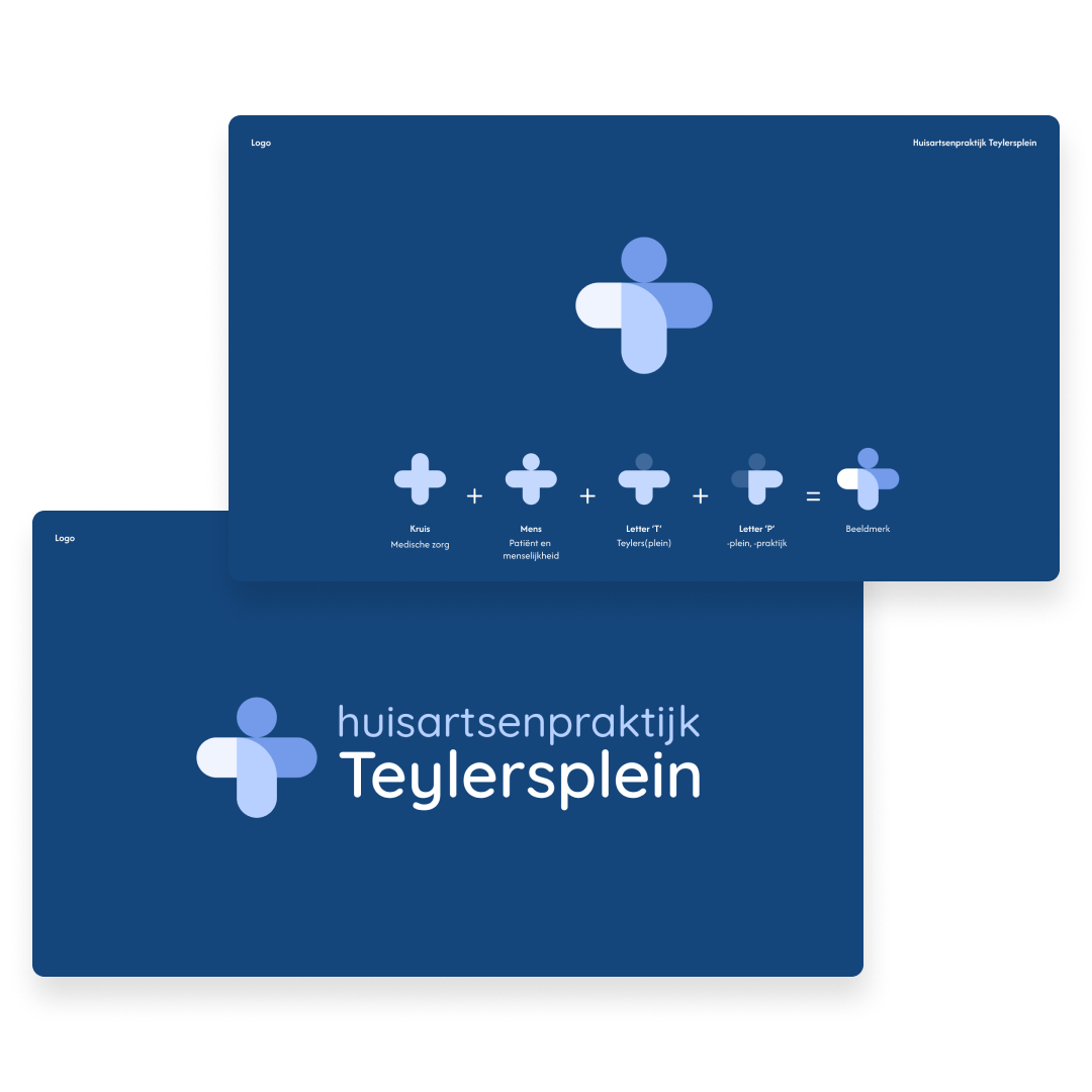 Logo ontwerp, een medisch kruis met afgeronde hoeken en blauwe tinten